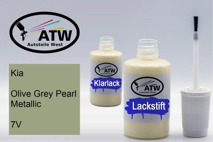 Kia, Olive Grey Pearl Metallic, 7V: 20ml Lackstift + 20ml Klarlack - Set, von ATW Autoteile West.